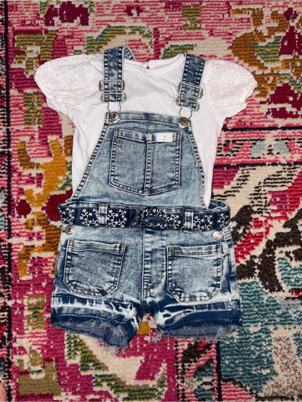 Girls 7 For All Mankind Denim Short Overalls with White Eyelet Tee 2T
